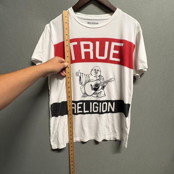 True Religion Men's White Red Striped Graphic Buddah Short Sleeve T-Shirt M - Picture 7 of 10